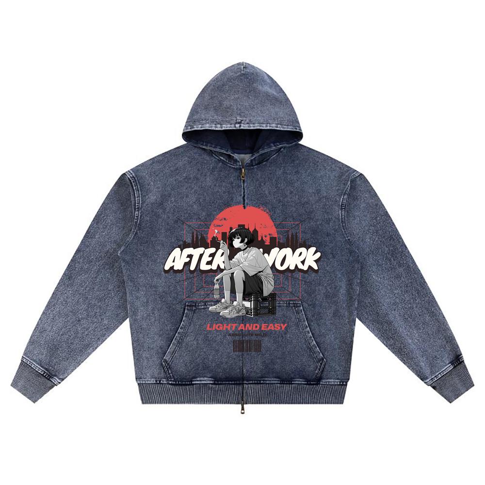 

DTG print Knitted Denim Zip-Up Hoodie After Work Brother Print Zipper Hoodies XL
