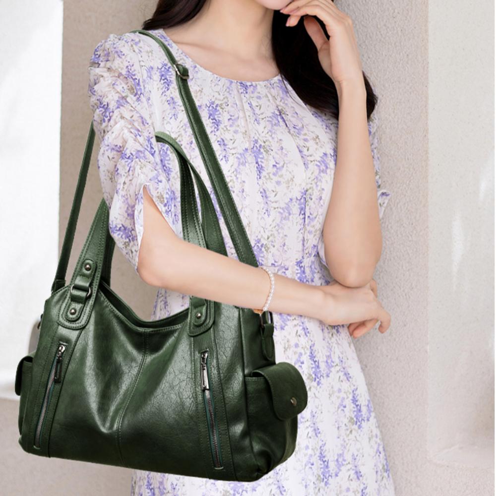 Women PU Leather Tote Shoulder Bag Large Capacity Multi Zipper Pockets Handbag Detachable Crossbody Strap Soft Vintage Casual Daily Shopping