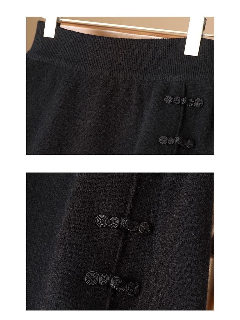High Waist Elastic Wool Midi Skirt with Chinese Frog Buttons - Autumn/Winter Fashion