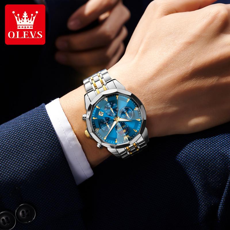 OLEVS Mens Watch Original Business Brand Quartz Watch Rhombus Mirror Waterproof Luminous Automatic Date Moon Phase Watch