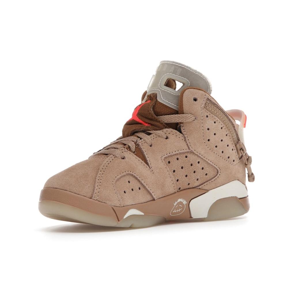 Pantofi sport pentru copii Travis Scott x Air Jordan 6 Retro PS British Khaki Tan Sail Bright-Crimson DH0693-200