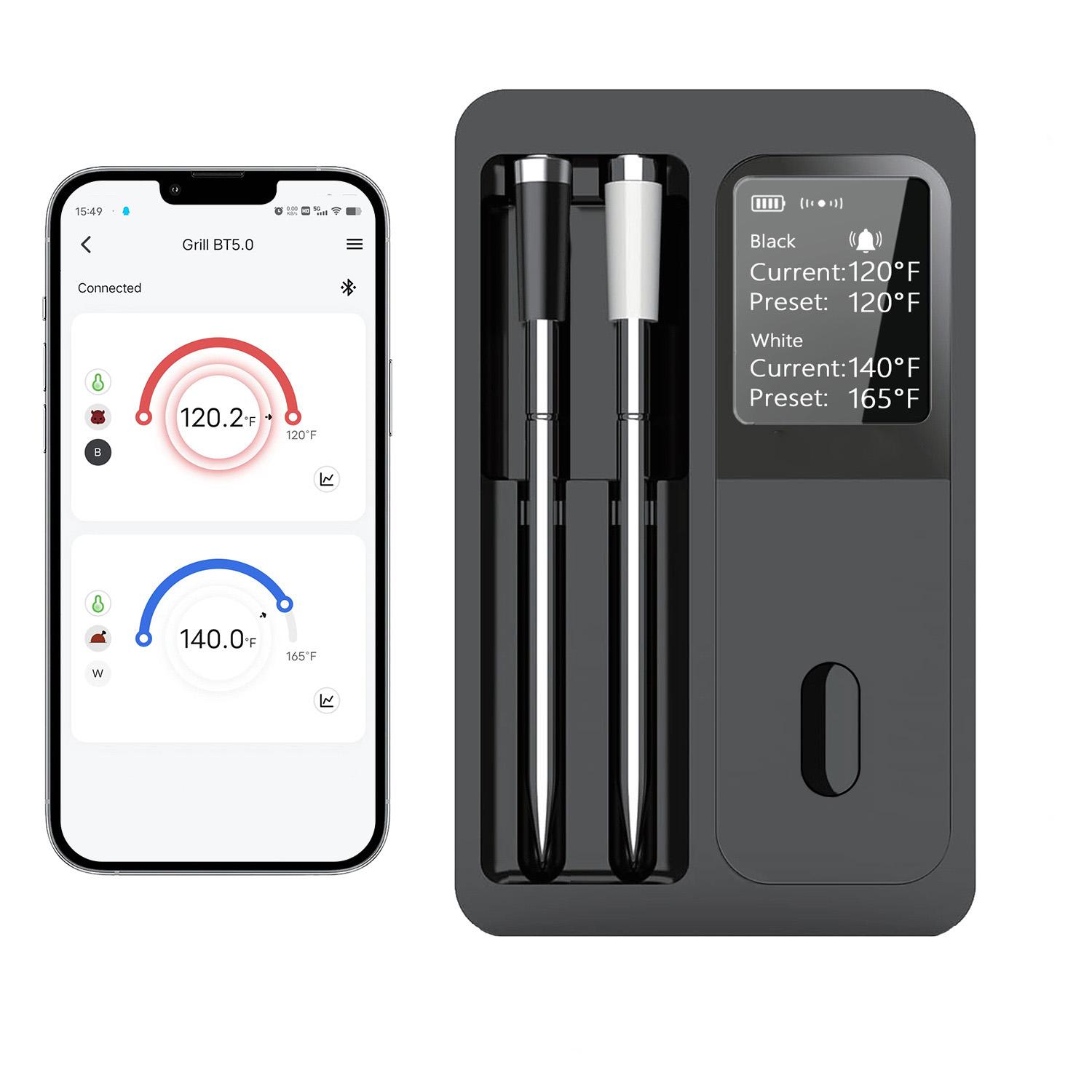 

Мясной термометр, Беспроводной Wi-Fi Bluetooth термометр с 2 щупами, для гриля-вертела, духовки, Водонепроницаемый, Кухонная утварь чёрный