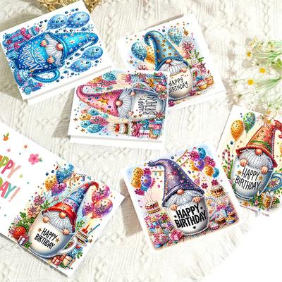 6Pcs Birthday Gnome DIY Diamond Painting Card Diamond Drawing Card Diamond Painting Greeting Card for Holiday Party Favors