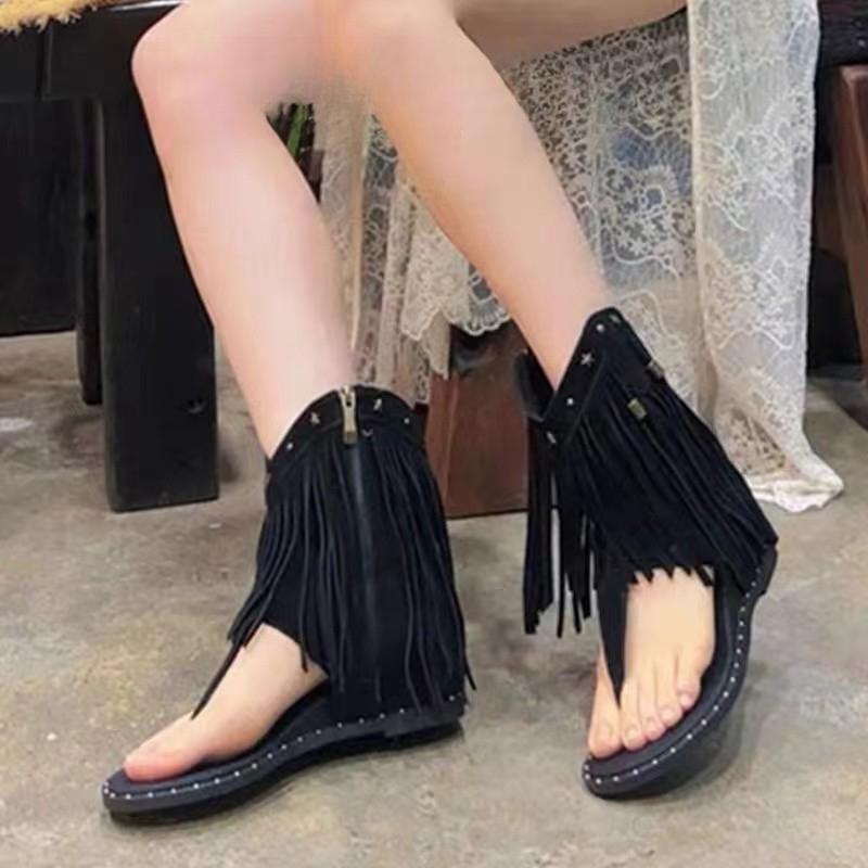 Keilabsatz Flach Coole Stiefel Sommer Neu Runde Spitze mit Zehenniete Fransen Seitenreißverschluss Rutschfest Verschleißfest Kurze Stiefel
