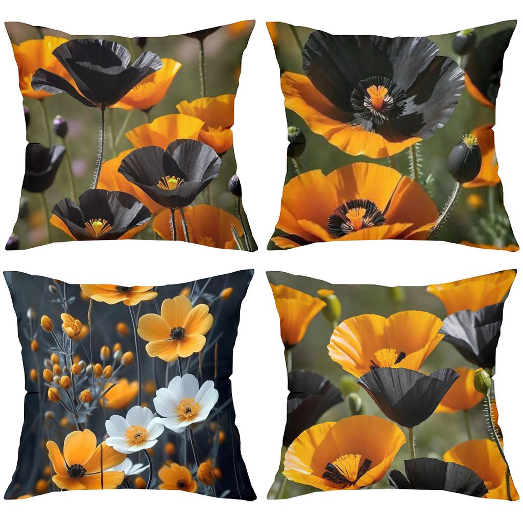 Floral Patterned Throw Pillows Orange Black Flowers Polyester pillowcase, sofa decorative cushion cov Headboard Pillow