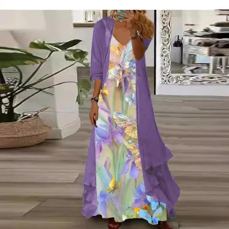 

Елегантна максі-сукня з квітковим принтом та метеликами, з довгим кардиганом, жіноча сукня в стилі бохо-шик, повсякденна літня сукня 4XL