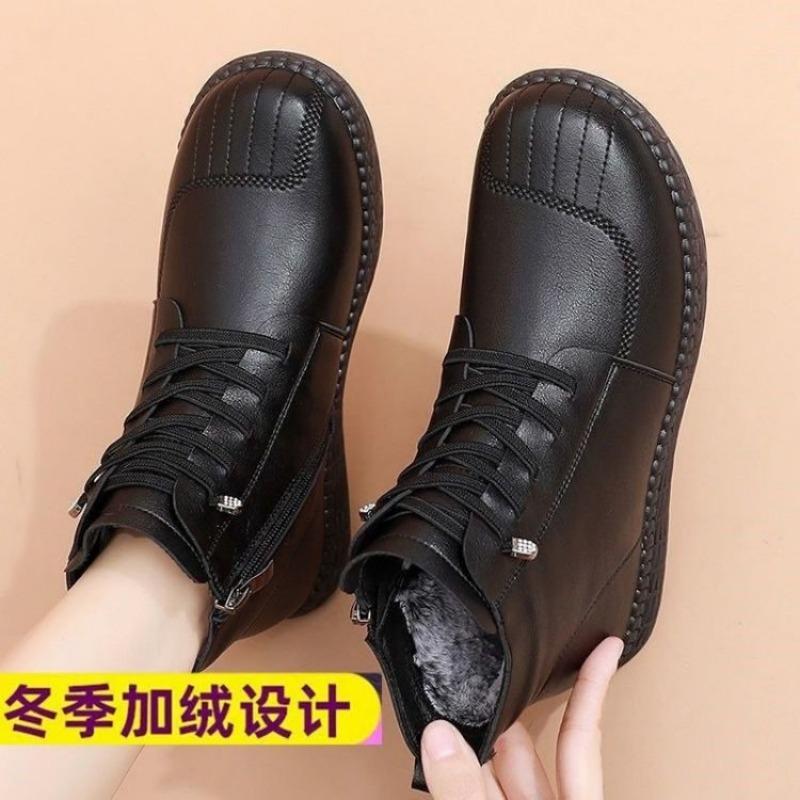Soft leather mother cotton shoes winter new flat soft sole women's shoes medium velvet comfortable warm short boots