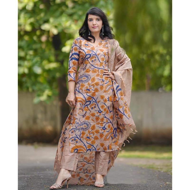 GoSriKi Women's Rayon Blend Printed Straight Kurta with Pant & Dupatta (Kalam Chiku-GS_XXL_Beige_XX-Large)
