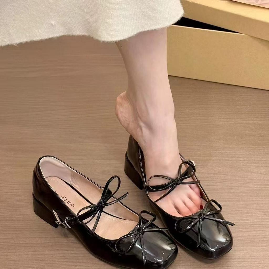 Evening wind square head ballet bow Mary Jane shoes women's spring and summer new French small fragrant style silver single shoes