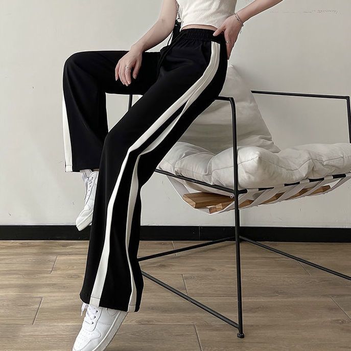 Pantalon pour femme en soie glacée noire, taille haute, jambe large, pantalon décontracté droit, pantalon de survêtement rayé grande taille