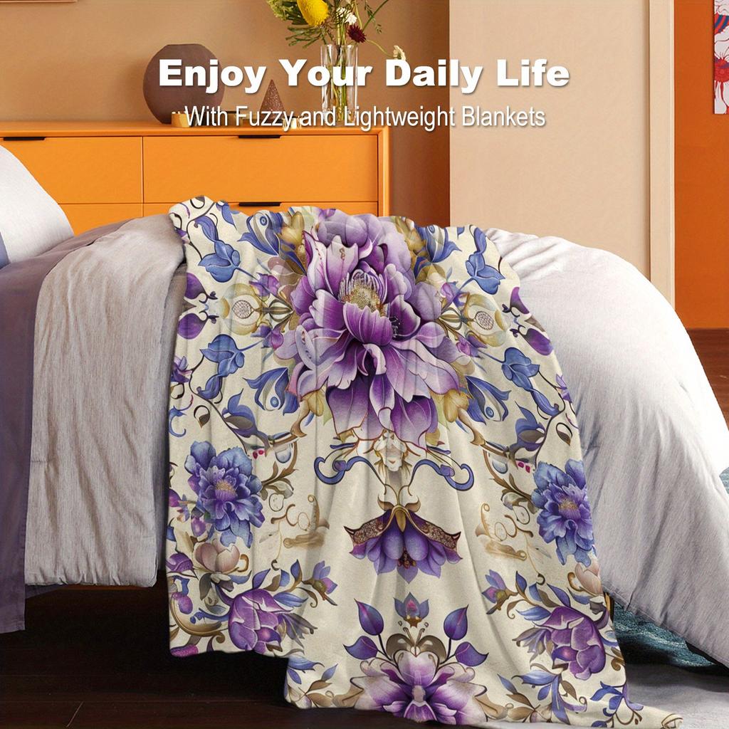 Soft Flannel Blanket with Purple Flowers Print - Lightweight, Warm Throw for Bed, Sofa, Office, Camping, and Travel - All-Season