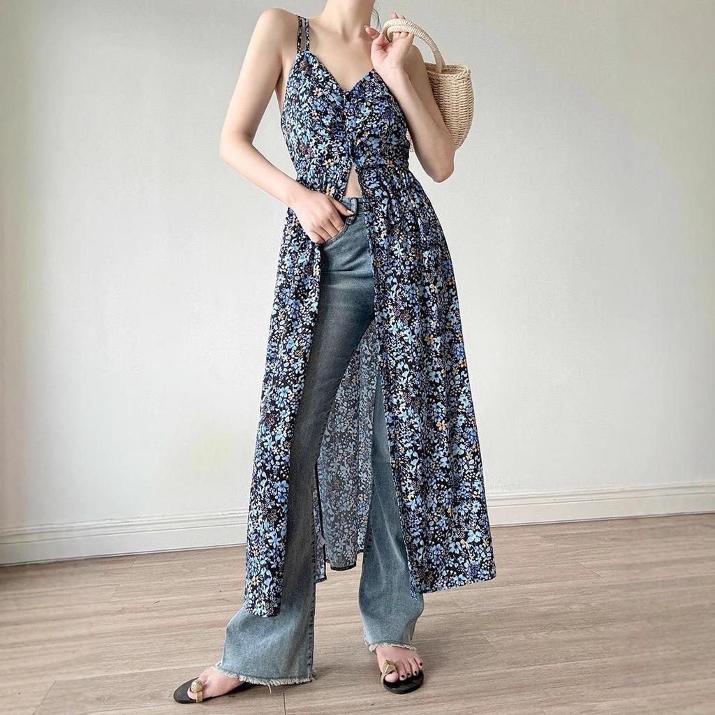 Korean version of French floral V-neck suspender dress for women's summer new high-end seaside vacation style split-ended long dress