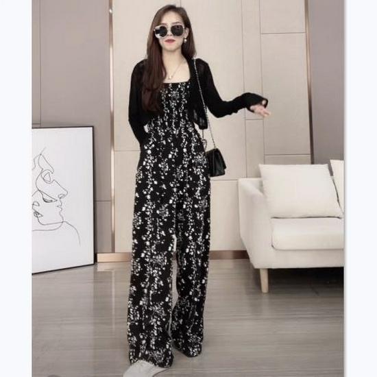 

Women s Spring/Autumn Fashion: Camisole Jumpsuit + Cardigan Shawl + Wide-Leg Pants Set Small