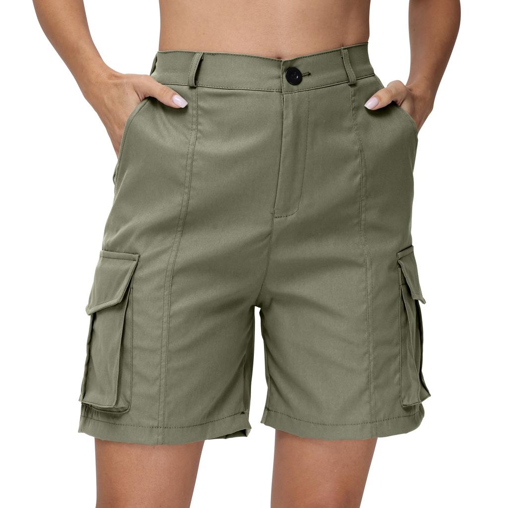 Bermuda Shorts For Women Cargo Shorts Knee Length 6 Pockets Elastic Waist Long Shorts For Summer Casual