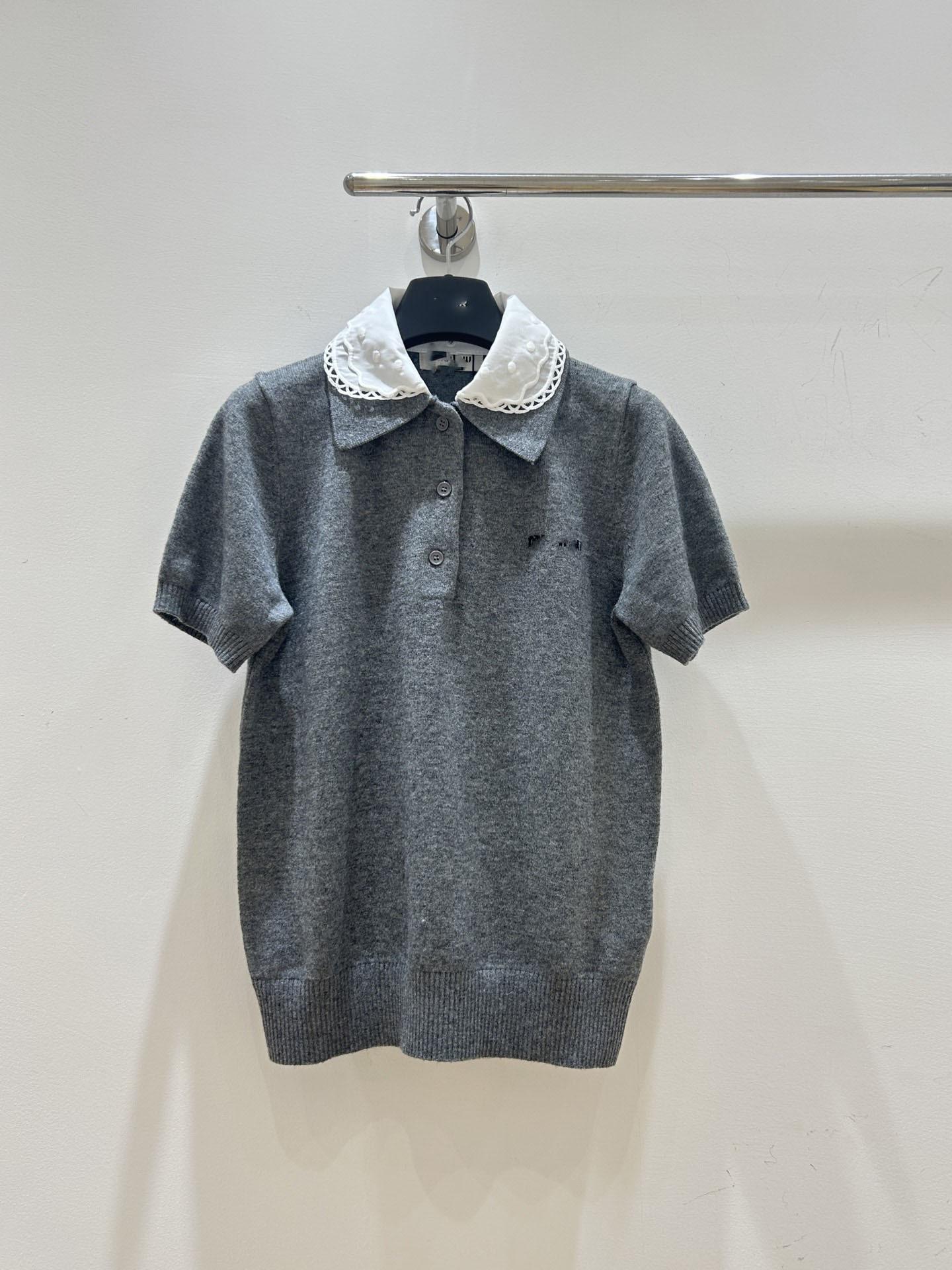 M Home~ High Version 26 Early Spring New, Solid Color Fake Two-piece Doll Collar Knitted Short Sleeve 3D Three-dimensional Pattern S серый