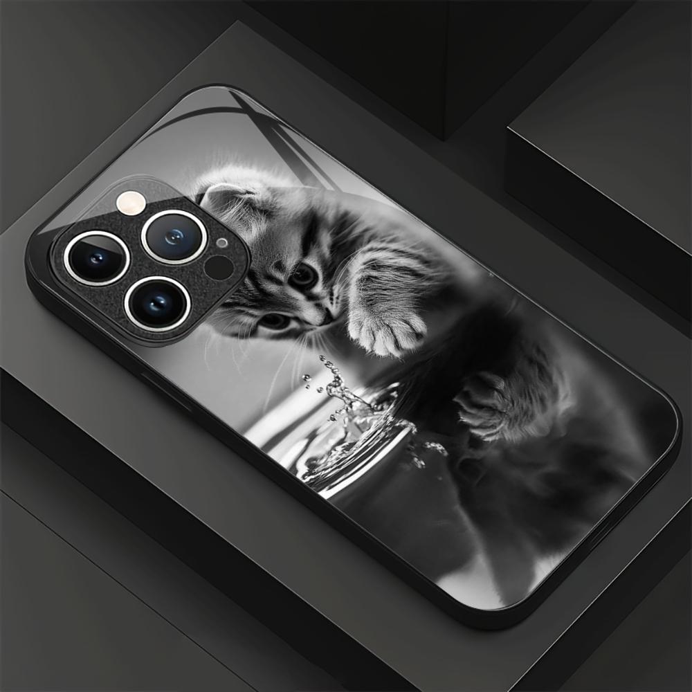 Black Cat Glass Phone Shell For iPhone 16 Plus 15 Pro 14 13 12 Pro Max Soft Silicone Shock Absorption Drop Proof Shell Case