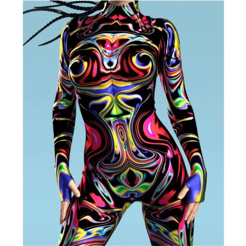 New Halloween Party Abstract Geometry 3D Print Women Sexy Skinny Jumpsuit Carnival Cosplay Costumes Fancy Bodysuit 2024