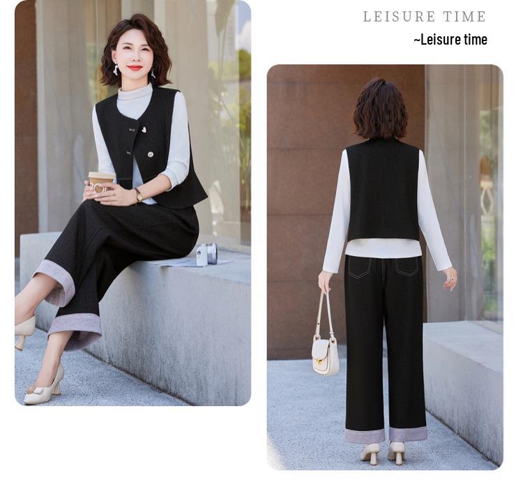 Hong Kong Retro Fashion Denim Blue Women's Set: 2025 Spring/Autumn Striped Patchwork Jacket & Wide-Leg Pants Two-Piece