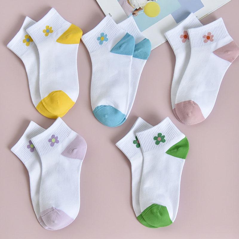 5 Pairs Summer Women's Cotton Shallow Mesh Boat Socks Cartoon Small Flower Mesh Female Socks
