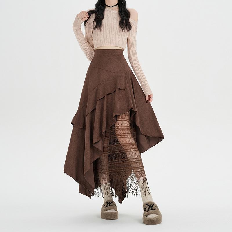Wildleder-Spitzenrock Damen Hohe Taille Vintage Locker Lang