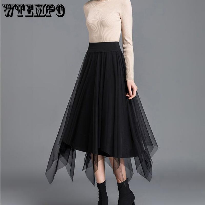 

Женская шикарная двусторонняя сетчатая однотонная юбка-полуюбка весенняя мода элегантная средней длины нерегулярная черная эластичная плиссированная юбка с высокой талией XXL чёрный