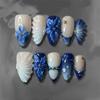 24Pcs Retro Artificial Nail with Blue Lilies Bubble Stripe Pearls Design ABS Fashion Ready for Women Parties