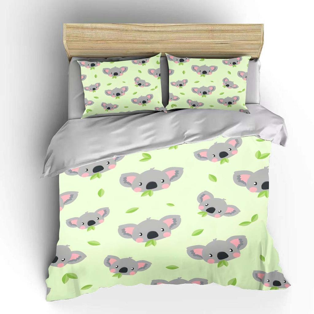 Cute Koala Pattern with Leaves Print Bedding Set 1 Duvet Cover 2 Pillowcases for Adult and Children Luxury Gift Full Size