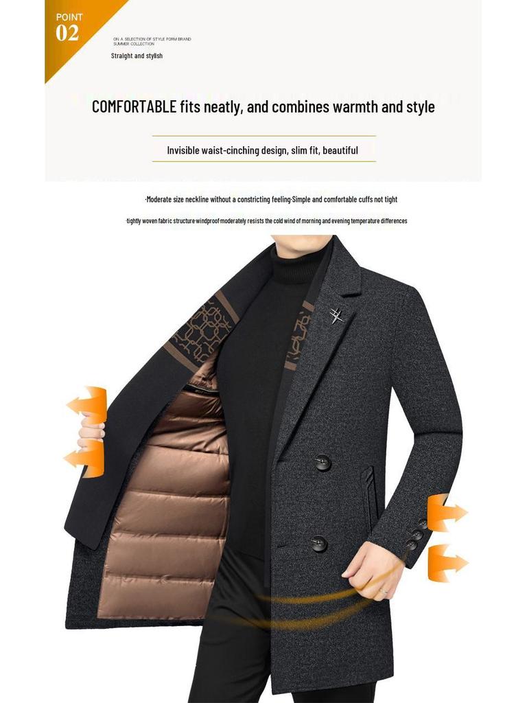 2025 Men's Mid-Length Woolen Down Jacket with Scarf Collar for Autumn/Winter