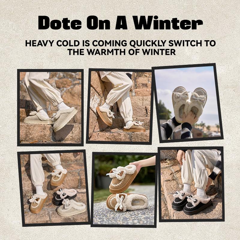 Embroidered Lace Cotton Slippers Autumn and Winter New Home Bow Lamb Wool Warm Half-mop Cotton Slippers Women's