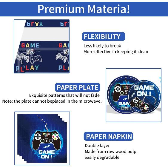 Video Game Party Supplies Tableware Set, Video Game Birthday Decorations, Including Dinner Plates, Tablecloth, Forks, and Napkins, Game Birthday