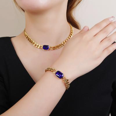 Personalized Rectangle Colorful Crystal Six-Sided Polished Cuban Chain Necklace Bracelet Set For Woman Stainless Steel Zircon
