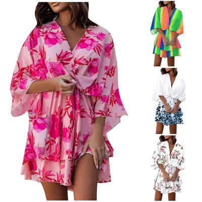 Women's V-Neck Loose 3/4 Sleeve Elastic Waist Printed Dress  Dress Unpositioned Printing
