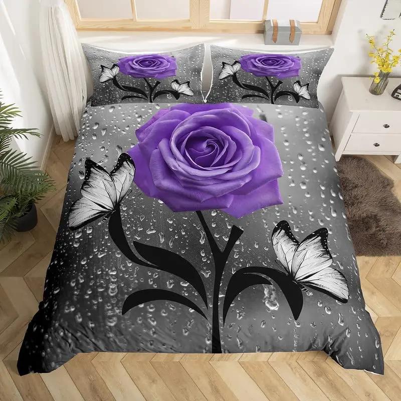 Purple Rose King Queen Duvet Cover Beautiful Butterflies Flowers Bedding Set For Teen Adults Floral 2/3Pcs Polyester Quilt Cover