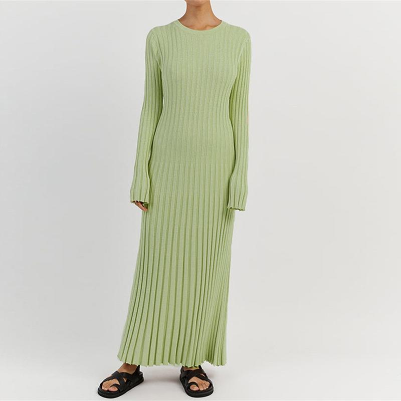 90s Vintage Tie Waist Dress Women Elegant Ribbed Knit Full Sleeve Maxi Dress Crew Neck Bodycon Pencil Long Dress Streetwear