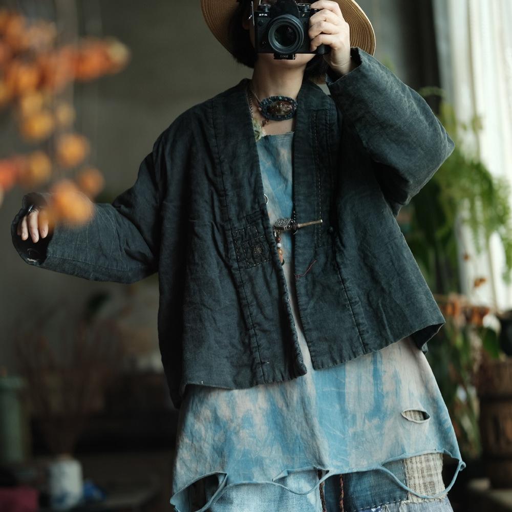 Johnature Vintage Women Patchwork V-Neck Long Sleeve Coats Autumn Single Button Coats