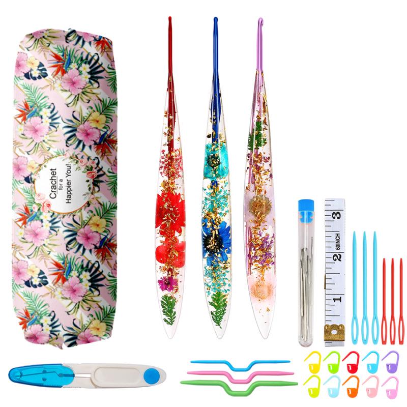 Set of 9 Colored Anodized Aluminum Crochet Hooks with Creative Resin Handles and Exquisite Flower Design