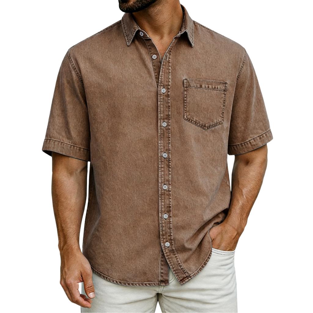 Men's Casual Loose Button-Down Collar Short-Sleeve Denim Shirt
