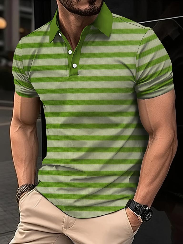 Men's Summer Short Clothes Sleeved Lapel 3D Digital Printed Striped Polo Shirt Men's Fashion Business Casual Top Clothes