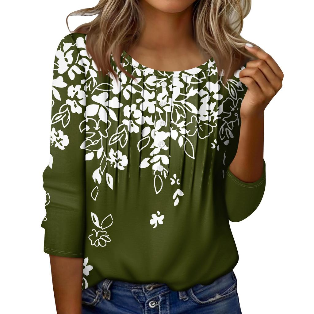 Women's Round Neck Pull Stripe Decorative Button Top Casual Color 3/4 Sleeve T Shirt
