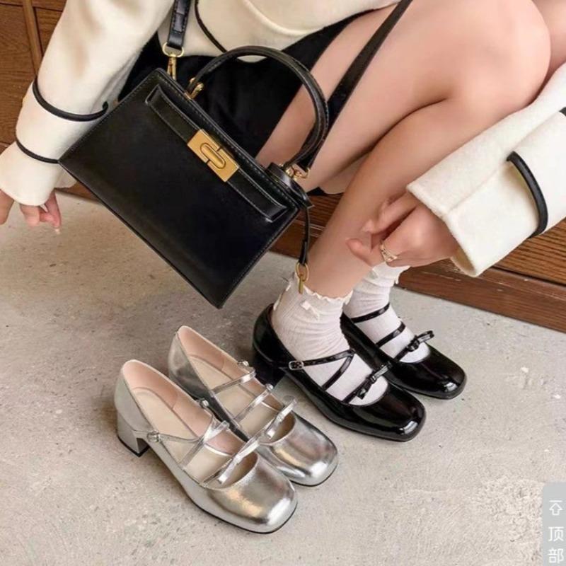 Fashion Silver Mary Jane Shoes Women Summer New Elegant Bow Buckle Single Shoes Women's Leather Square Head Banquet Dress High Heels