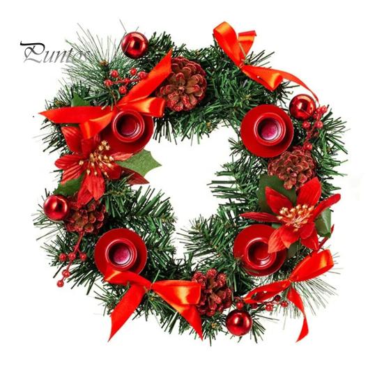 Christmas Wreath 12 Inch Reusable Artificial Pine Needle Wreath with 4 Candle Holders Christmas Wreath with Ribbon Pinecone Berries for Home