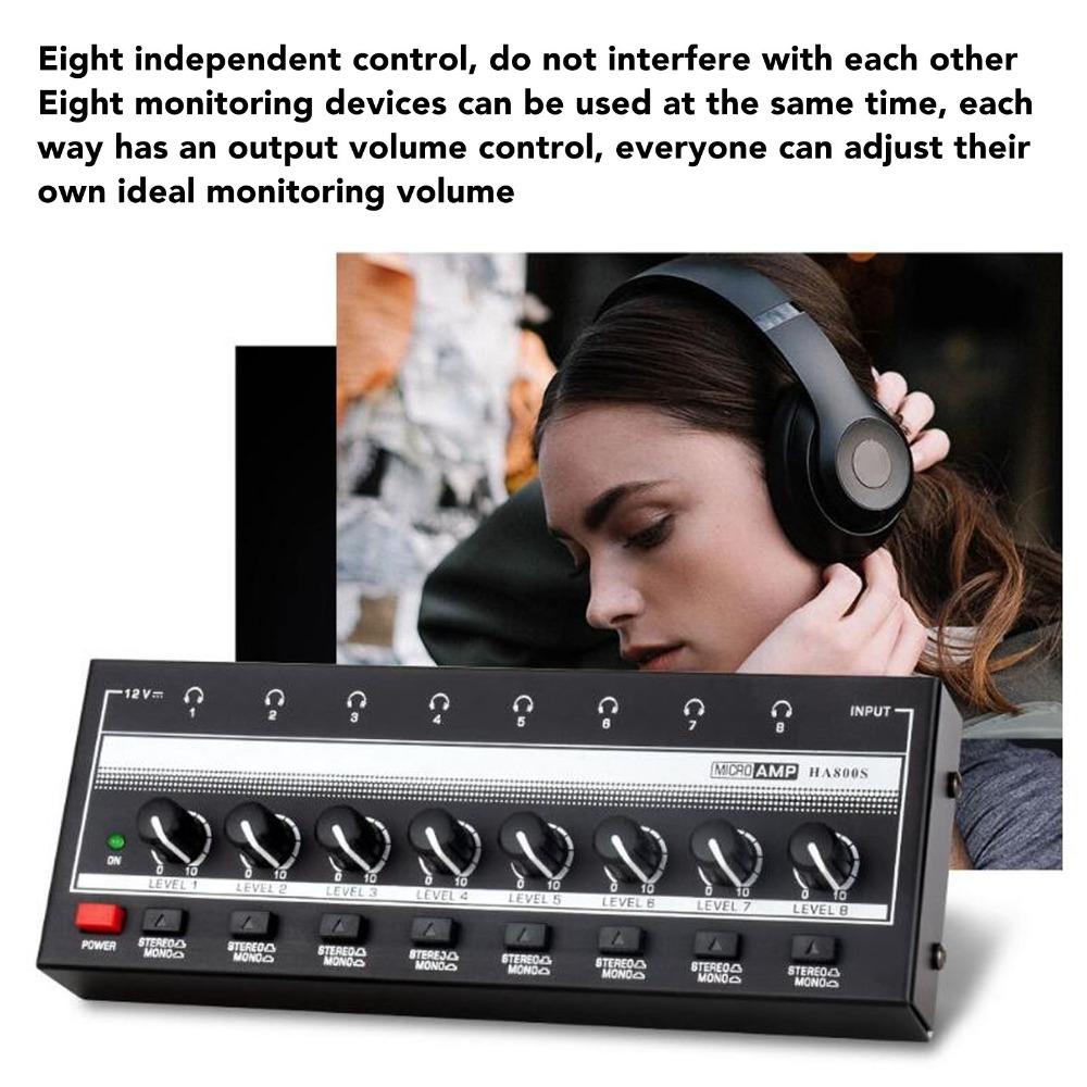 8-Channel HA800S Headphone Amplifier 1/4" TRS Input/Output Audio Mixer Studio Recording