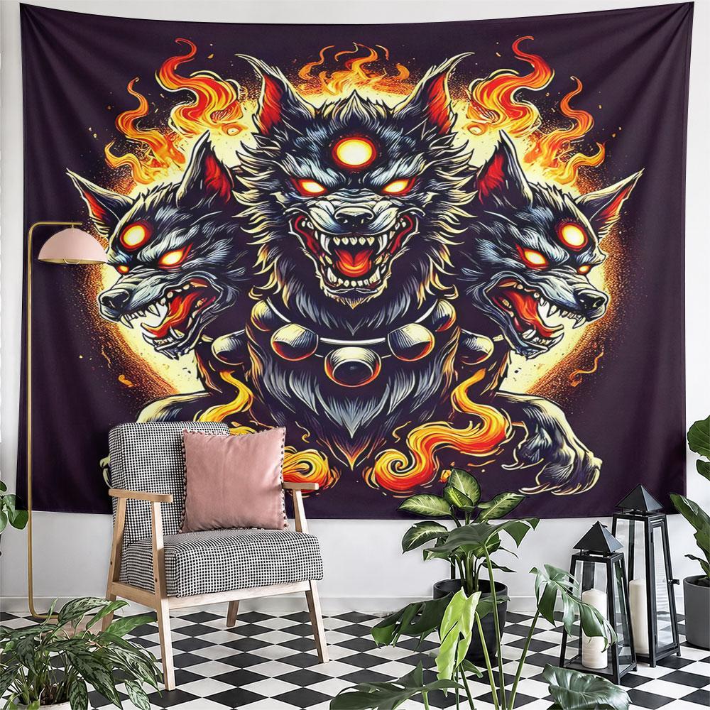 "Fiery Three-Headed Wolf Design" Pattern Wall Hanging Tapestry Decorative Tapestry Home Decor for Bedroom and Living Room