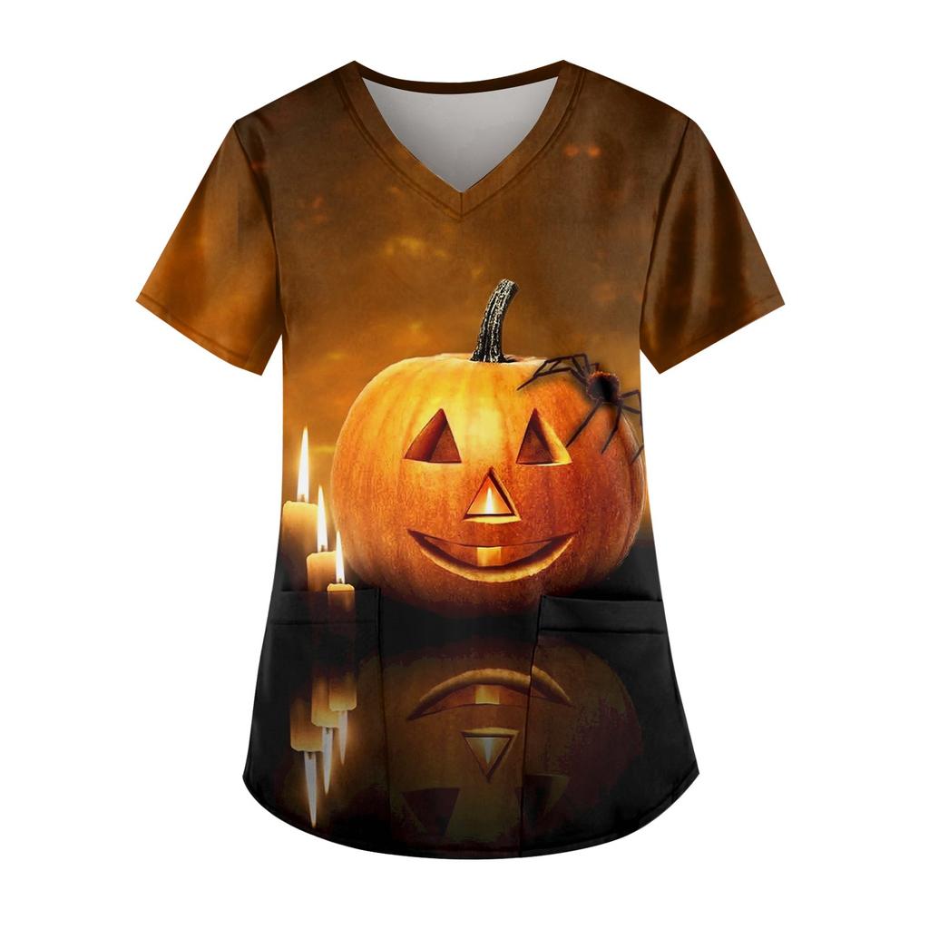 Women's Fashion V-Neck Short Sleeve With Pocket Halloween Printed T-Shirt Top