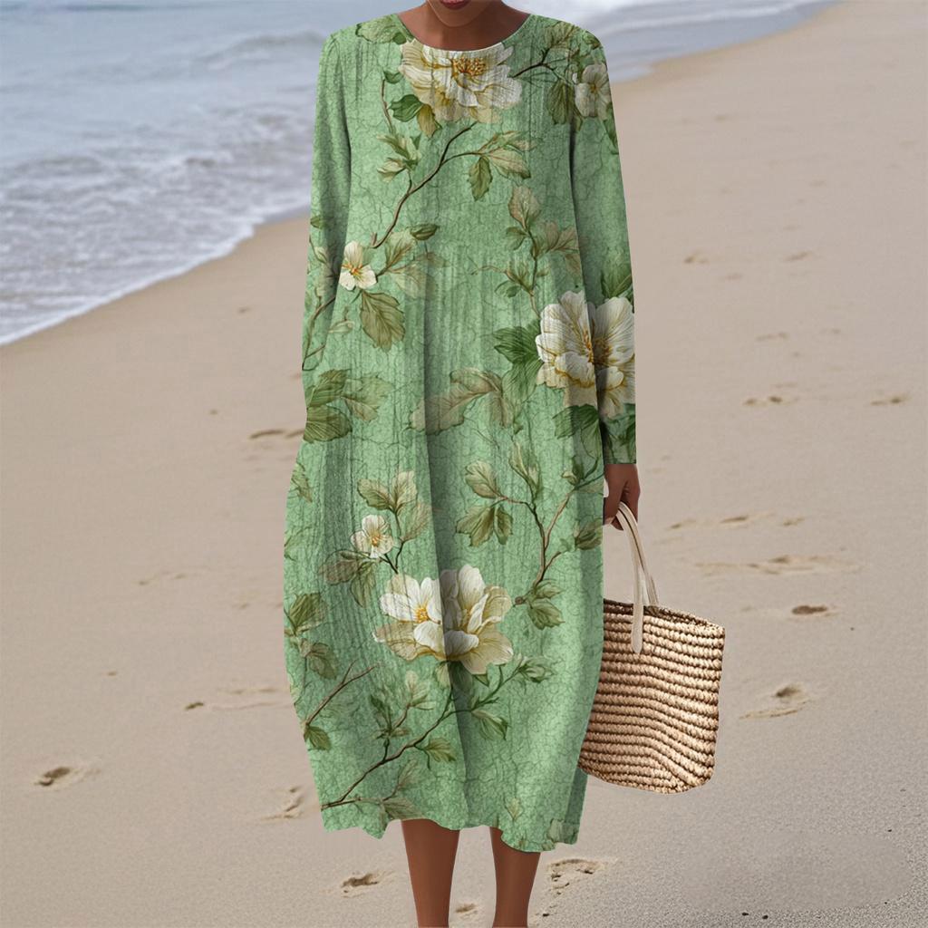 Women's Fashionable Casual Long-Sleeved Round Neck Floral Print Zipper Dress