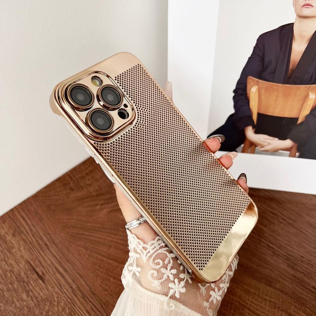 Applicable To IPhone 16 Mobile Phone Case Without Frame Hollow Plating Mesh Cooling Apple 15 Full-cover Lens Protection Case