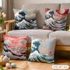 Blue Wave With Cherry Blossom Cushion Cover Silky Short Plush Invisible Zipper Dustproof Sofa Pillow Case For Home Decor