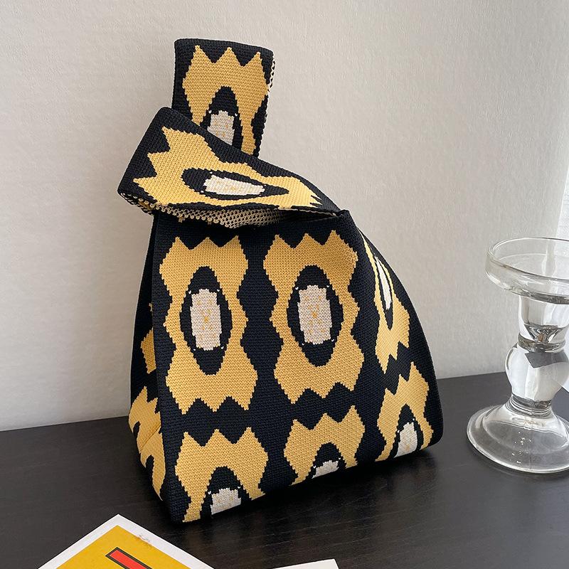 Cartoon Diamond Grid Knitting Bag New Vest Shoulder Bag Fashion Simple Tote Bag Korean Version Handbag Leisure Canvas Women Bags