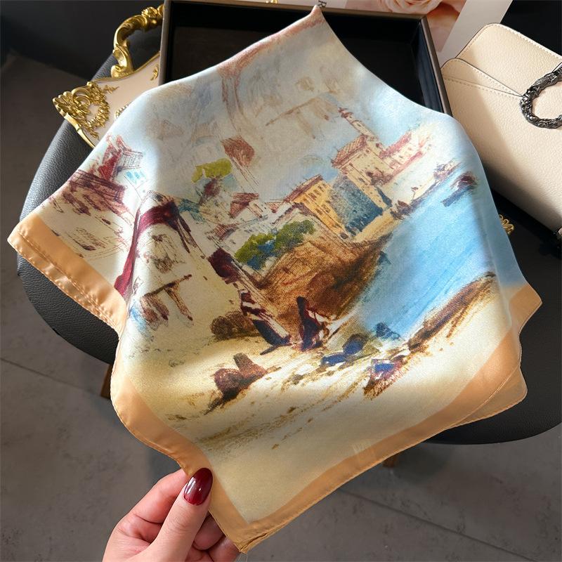 

Korean Striped Horse 70cm Small Square Scarf Women Summer Imitation Silk Scarf Headscarf Printed Scarves Professional Bandana 70X70CM