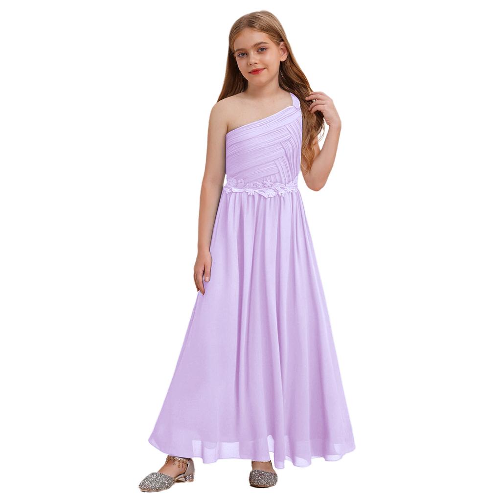 Girls Elegant One Shoulder Party Dress Guipure Lace Detail Flattering Ruched Chiffon Maxi Evening Dress